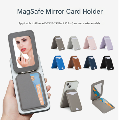 Black Chic MagSafe Wallet with Mirror & Stand - PU Leather Card Holder for iPhone 12-16 Series