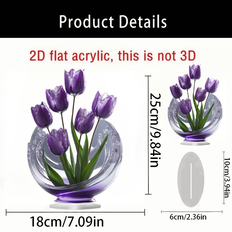 2 Pcs Charming Purple Tulip 2D Acrylic Ornament - Flat Floral Tabletop Art Decor Accent