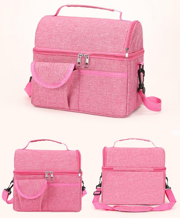 2 Pcs Pink Premium Double Layer Insulated Lunch Bag - 8.4L Thermal Cooler Tote with Shoulder Strap