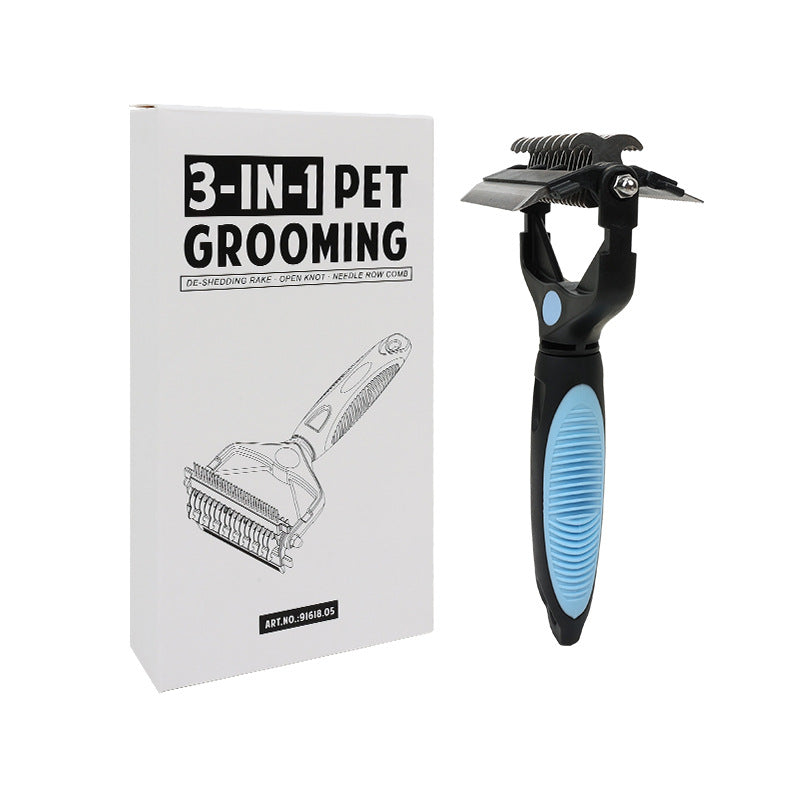 Blue and Black Professional 3-in-1 Pet Grooming Tool - Dematting Rake, Deshedding Comb &amp; Finishing Brush for Dogs &amp; Cats