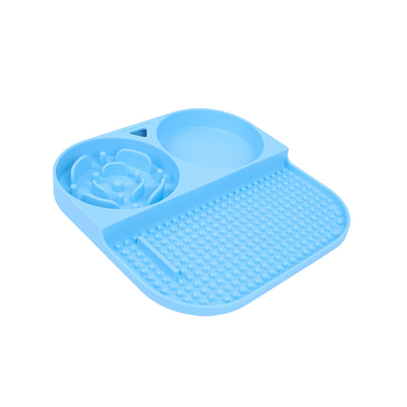 2 Pcs Blue 3-in-1 Silicone Pet Slow Feeder & Lick Mat with Water Bowl - Non-Slip Design for Dogs & Cats