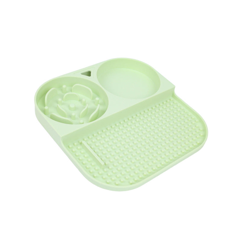 2 Pcs Green 3-in-1 Silicone Pet Slow Feeder & Lick Mat with Water Bowl - Non-Slip Design for Dogs & Cats