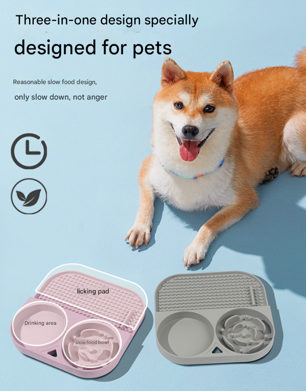 2 Pcs Orange 3-in-1 Silicone Pet Slow Feeder & Lick Mat with Water Bowl - Non-Slip Design for Dogs & Cats