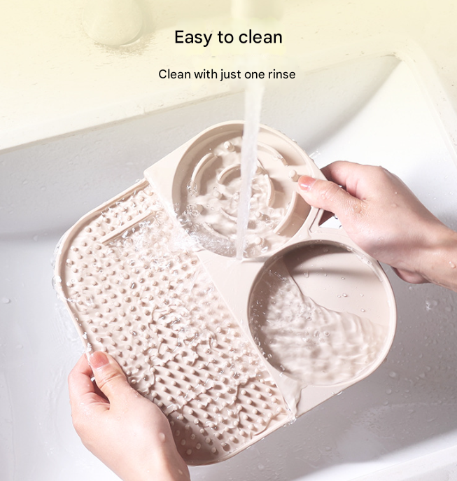 2 Pcs Orange 3-in-1 Silicone Pet Slow Feeder & Lick Mat with Water Bowl - Non-Slip Design for Dogs & Cats