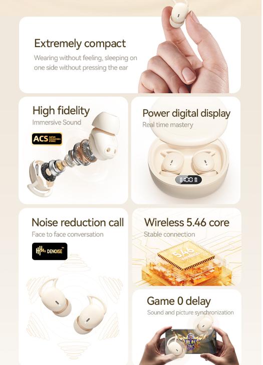 Beige Ultra-Comfort Wireless Sleep Earbuds - Bluetooth 5.4, Hi-Res Audio, Noise Isolating, 60H Playtime for Side Sleepers