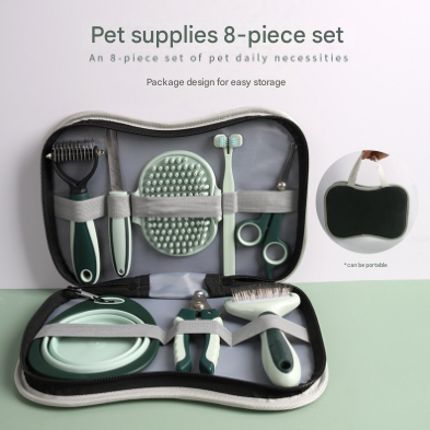 Grey and Green Complete 8-Piece Pet Grooming Kit - Essential Dog &amp; Cat Care Tools with Brushes, Nail Clippers, Scissors &amp; Portable Case