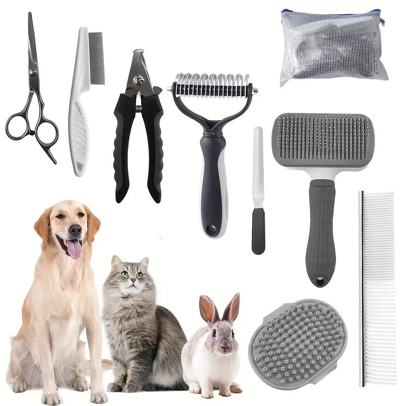 Grey Professional 9-Piece Pet Grooming Kit - DeShedding Brushes, Nail Clippers, Combs &amp; Scissors Set for Dogs, Cats &amp; Rabbits with Storage Bag