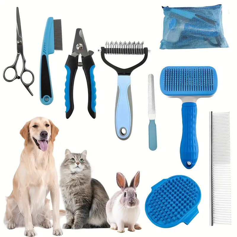 Blue Professional 9-Piece Pet Grooming Kit - DeShedding Brushes, Nail Clippers, Combs &amp; Scissors Set for Dogs, Cats &amp; Rabbits with Storage Bag
