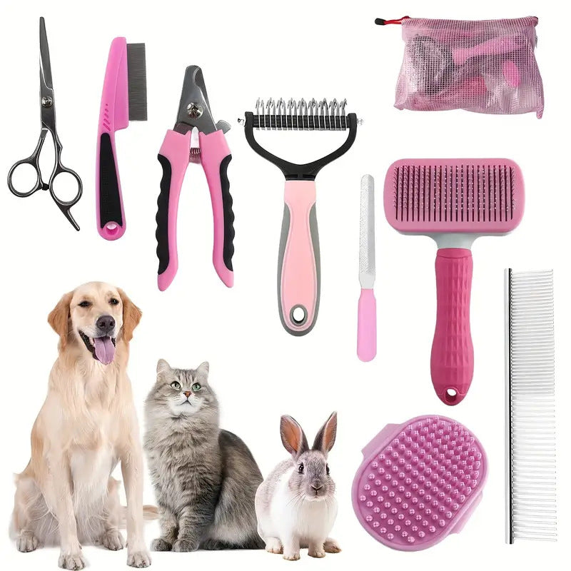 Pink Professional 9-Piece Pet Grooming Kit - DeShedding Brushes, Nail Clippers, Combs &amp; Scissors Set for Dogs, Cats &amp; Rabbits with Storage Bag