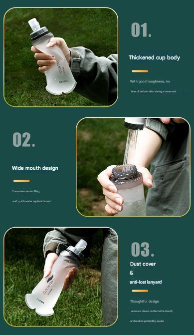 Grey and White Ultra-Lightweight 350ml Soft Running Flask - BPA-Free Collapsible TPU Water Bottle for Hiking, Cycling & Outdoor Sports