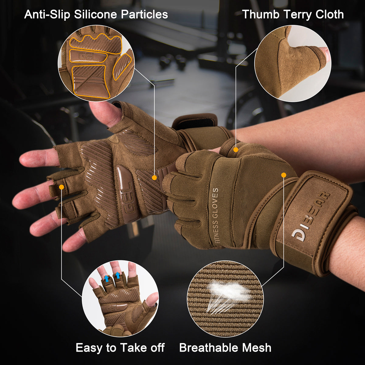 Size L Black Heavy Duty Workout Gloves with Wrist Support - Anti-Slip Gel Padded Gym Gloves for Weightlifting, Training &amp; Fitness