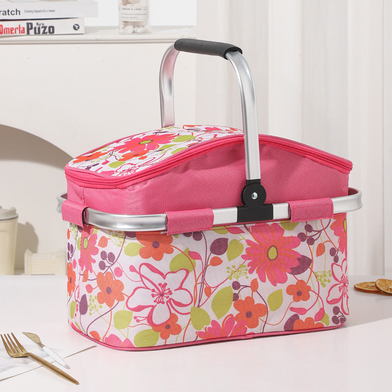 Pink and Floral Pattern Large 27L Foldable Insulated Picnic Basket Cooler Bag - Lightweight Thermal Hamper with Aluminum Handles for Outdoor, Shopping &amp; Camping
