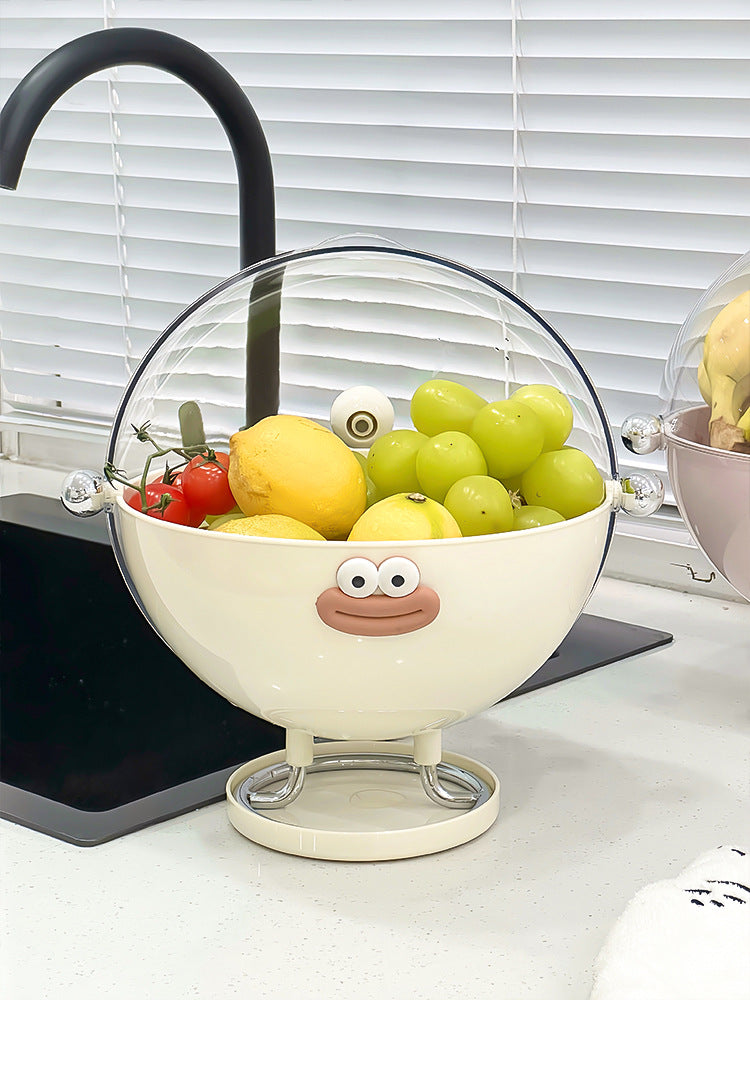 Beige Whimsical Covered Fruit Bowl with Flip Lid & Drainer - Cute Design Snack & Candy Dish for Living Room