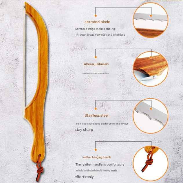 2 Pcs Khaki Artisan Wooden Bread Bow Knife - Serrated Stainless Steel Slicer for Effortless Crumb-Free Cutting