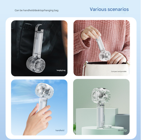 Transparent White Portable Mini Cooling Fan with Semiconductor Ice Compress - USB-C Rechargeable, 3-Speed Turbine & Transparent Design