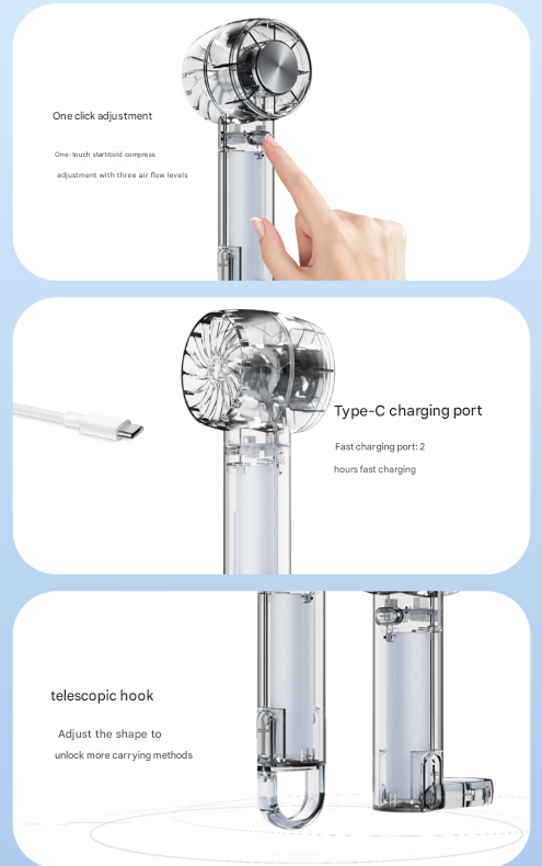Transparent White Portable Mini Cooling Fan with Semiconductor Ice Compress - USB-C Rechargeable, 3-Speed Turbine & Transparent Design