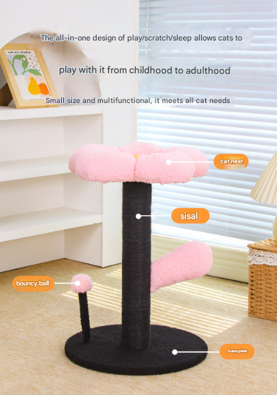 Red and Black Adorable Flower Cat Tree - Plush Perch, Sisal Scratching Post & Spring Ball Toy