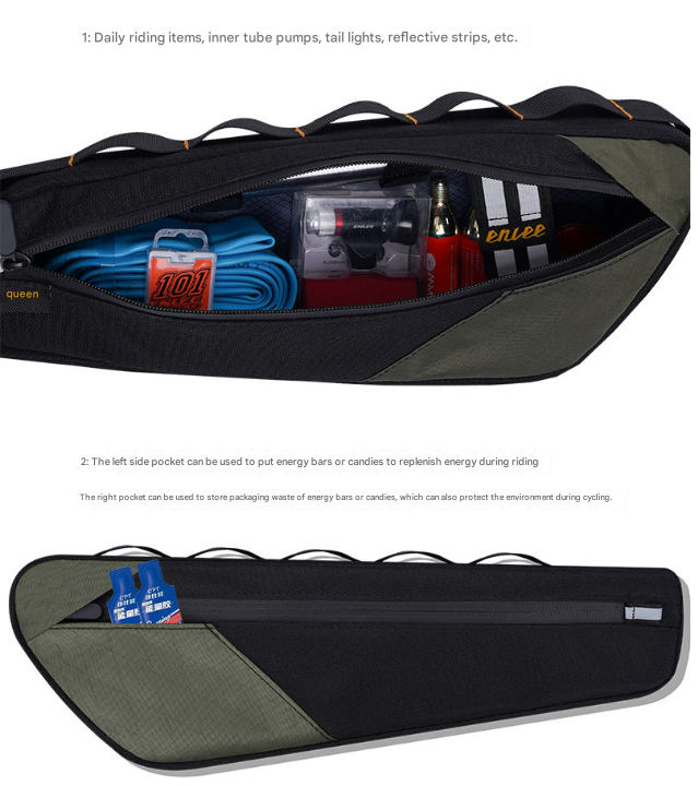 Black and Green Waterproof Bicycle Frame Bag - 2.5L Slim Top Tube Storage Pouch for Cycling Essentials