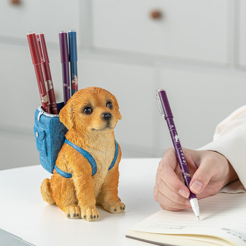 Blue Backpack Charming Golden Retriever Puppy Pen Holder - Resin Desktop Organizer &amp; Decorative Figurine