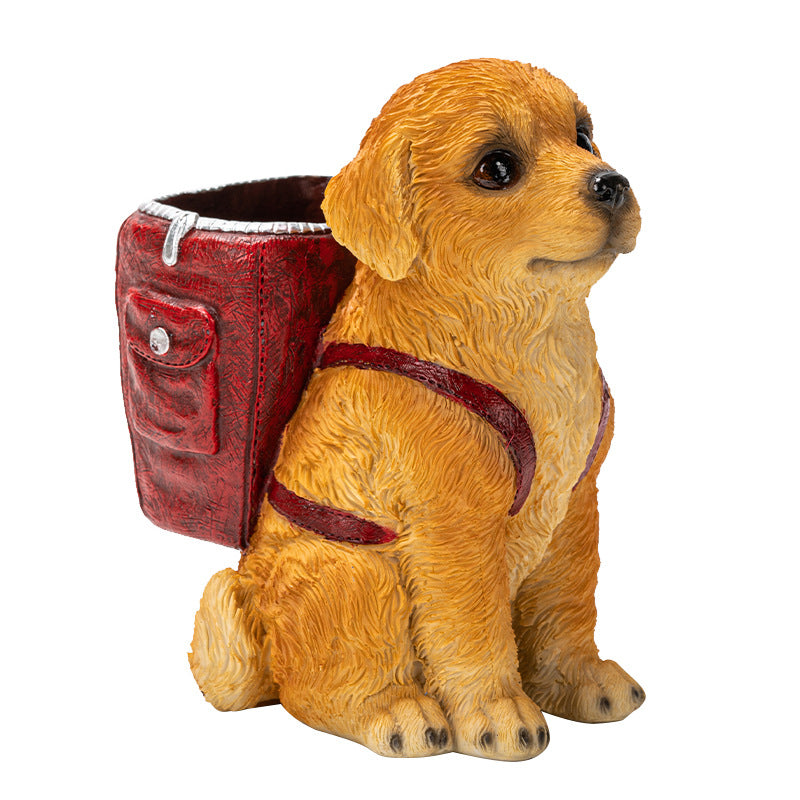 Red Backpack Charming Golden Retriever Puppy Pen Holder - Resin Desktop Organizer &amp; Decorative Figurine