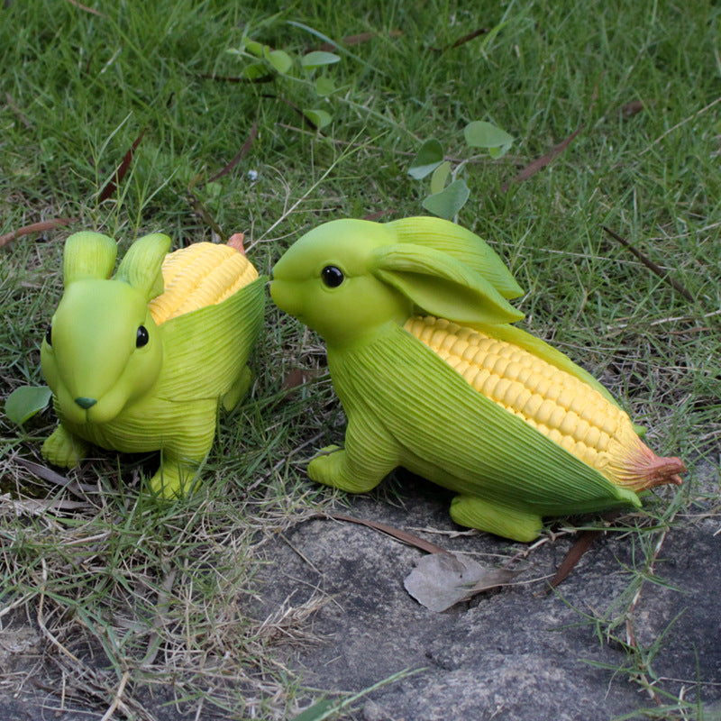 Green And Yellow Whimsical Resin Corn Rabbit Garden Statue - Unique Outdoor Yard Art Figurine with Decorative Sign