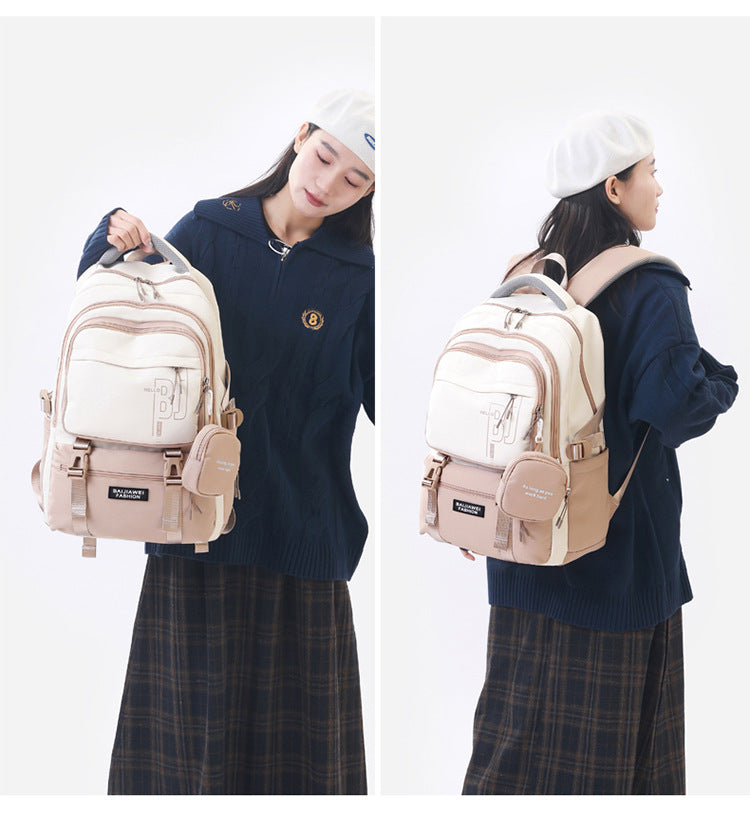 Brown and White Large Capacity Student Backpack - Durable Oxford Cloth School Bag with Laptop Compartment & Multiple Pockets