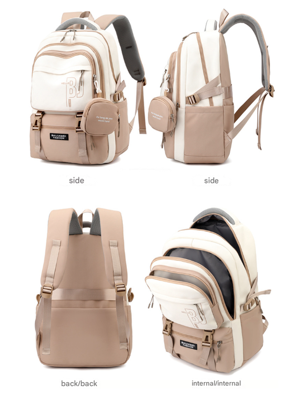 Brown and White Large Capacity Student Backpack - Durable Oxford Cloth School Bag with Laptop Compartment & Multiple Pockets