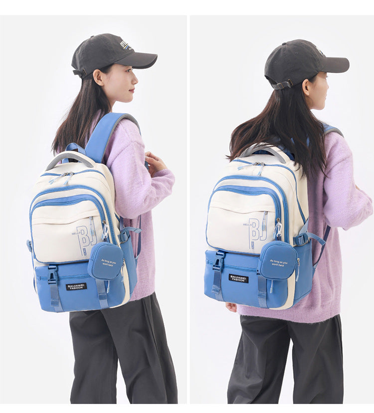 Blue and White Large Capacity Student Backpack - Durable Oxford Cloth School Bag with Laptop Compartment & Multiple Pockets