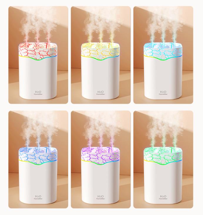 White Volcano Style 2L Cool Mist Humidifier - Triple Nozzle with RGB LED & Quiet Operation