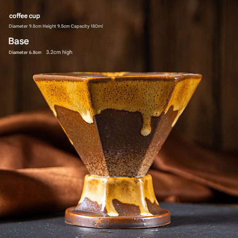Brown and Gold Artistic Hexagonal Ceramic Coffee Cup &amp; Stand Set - 180ml Nordic Design Drip Glaze Mug