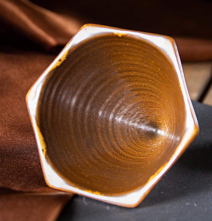 Brown and Gold Artistic Hexagonal Ceramic Coffee Cup & Stand Set - 180ml Nordic Design Drip Glaze Mug