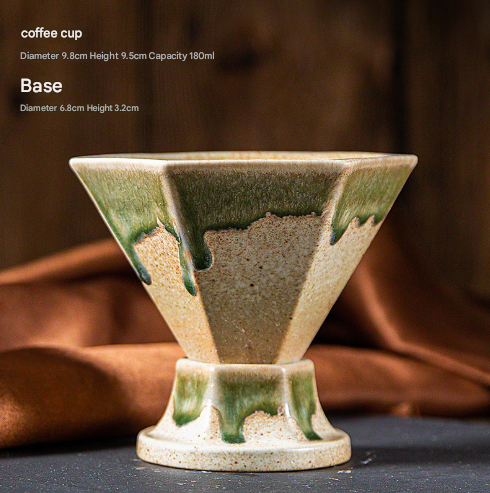 Beige and Green Artistic Hexagonal Ceramic Coffee Cup &amp; Stand Set - 180ml Nordic Design Drip Glaze Mug