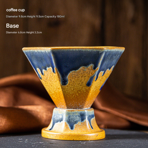 Blue and Gold Artistic Hexagonal Ceramic Coffee Cup &amp; Stand Set - 180ml Nordic Design Drip Glaze Mug