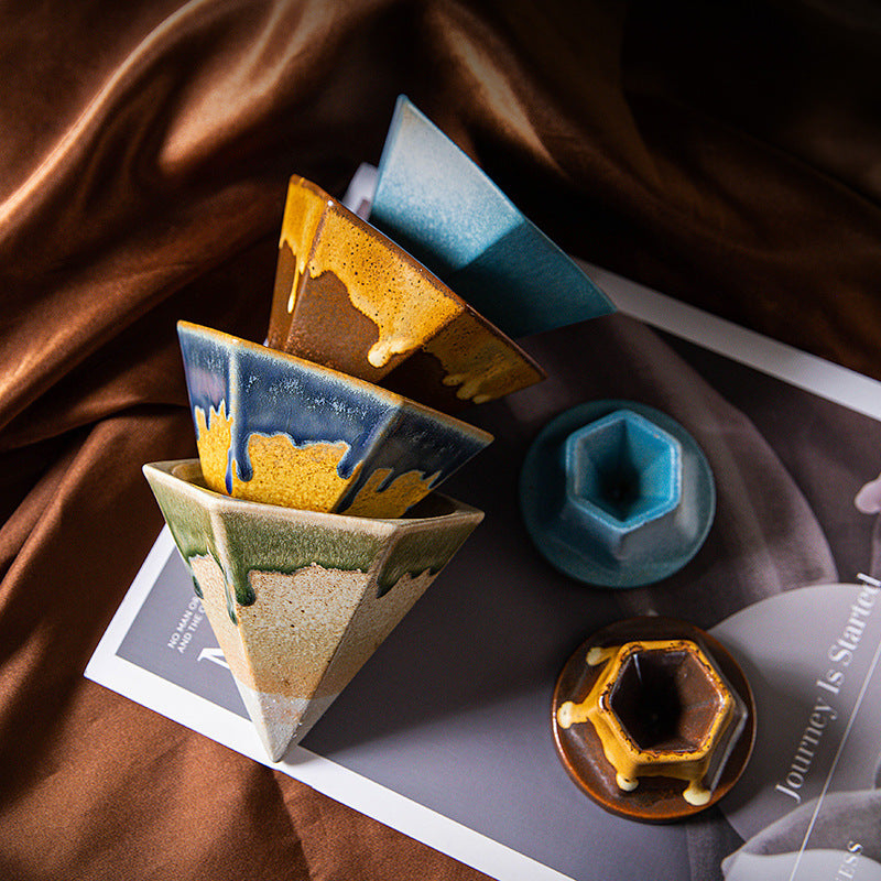 Blue and Gold Artistic Hexagonal Ceramic Coffee Cup & Stand Set - 180ml Nordic Design Drip Glaze Mug