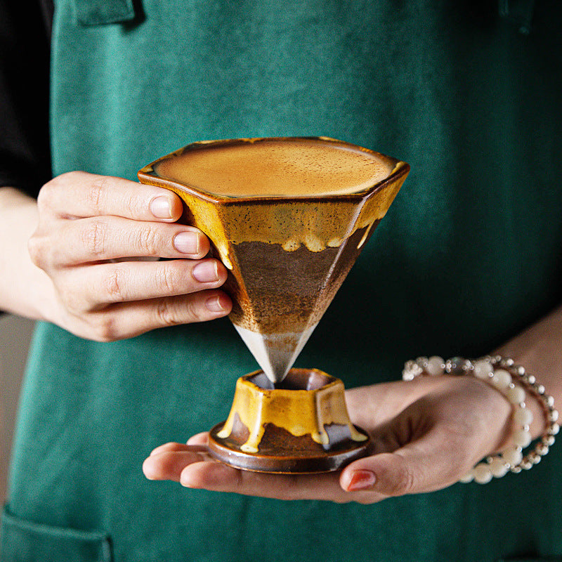 Blue and Gold Artistic Hexagonal Ceramic Coffee Cup & Stand Set - 180ml Nordic Design Drip Glaze Mug