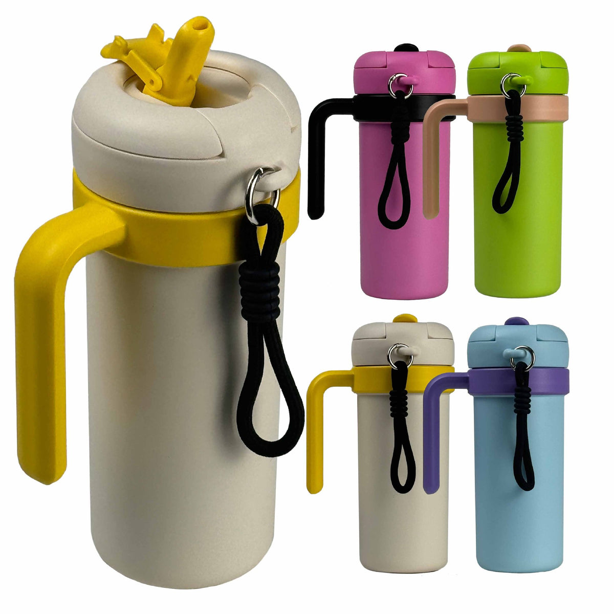 Beige and Yellow 700ml Insulated Stainless Steel Tumbler with Handle, Dual-Sip Lid, Straw & Tea Infuser