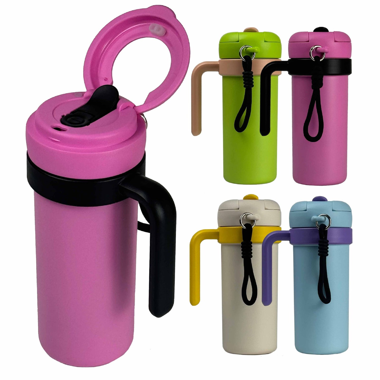 Pink and Black 700ml Insulated Stainless Steel Tumbler with Handle, Dual-Sip Lid, Straw & Tea Infuser