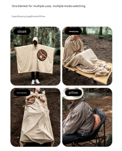 Khaki Cozy 4-in-1 Wearable Fleece Poncho Sleeping Bag - Multifunctional Camping Blanket with Detachable Hood