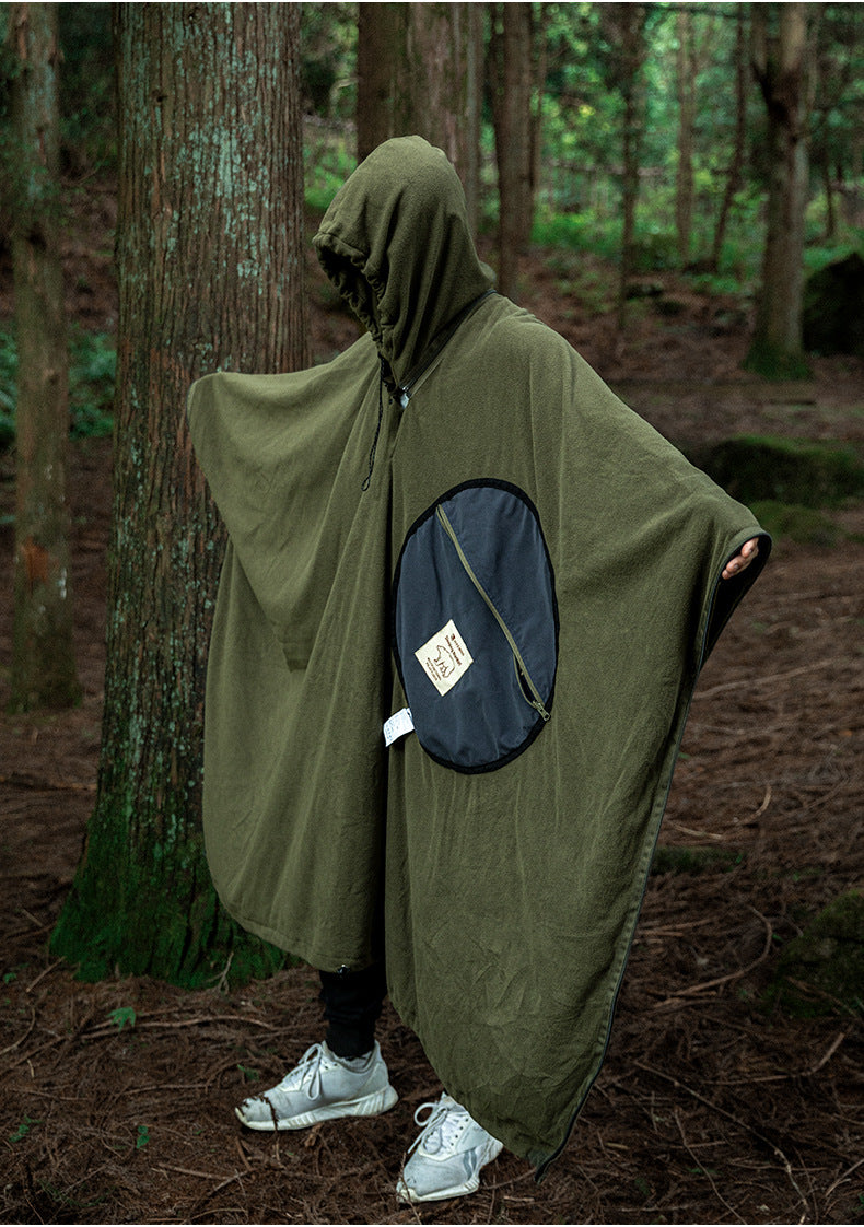 Green Cozy 4-in-1 Wearable Fleece Poncho Sleeping Bag - Multifunctional Camping Blanket with Detachable Hood