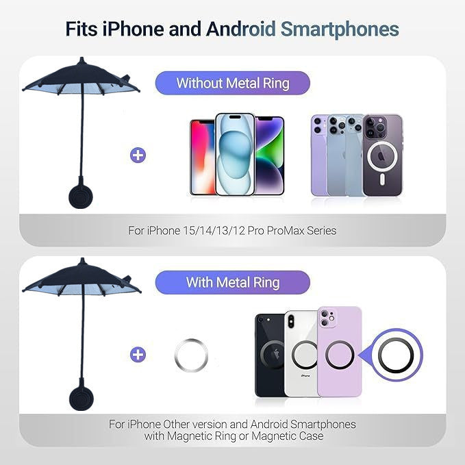 Black Magnetic Phone Umbrella Sun Shade - Clear Outdoor Screen Visor, Anti-Glare Mini Parasol for iPhone