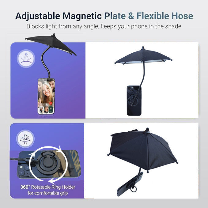 Black Magnetic Phone Umbrella Sun Shade - Clear Outdoor Screen Visor, Anti-Glare Mini Parasol for iPhone