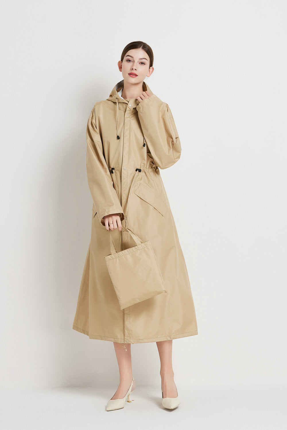 Size M Khaki Women's Chic Lightweight Waterproof Raincoat - Long Hooded Packable Rain Jacket with Pouch