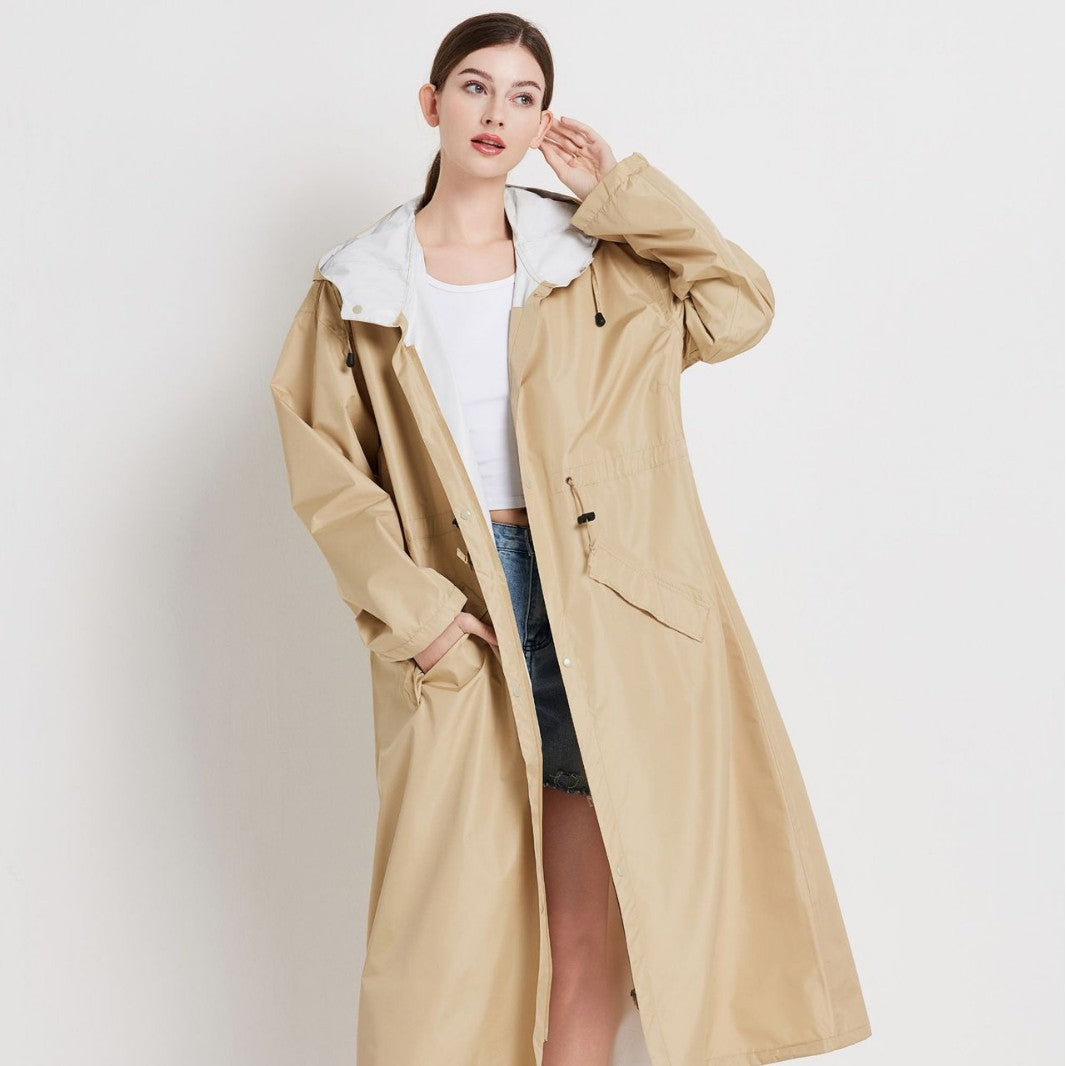 Size M Khaki Women's Chic Lightweight Waterproof Raincoat - Long Hooded Packable Rain Jacket with Pouch