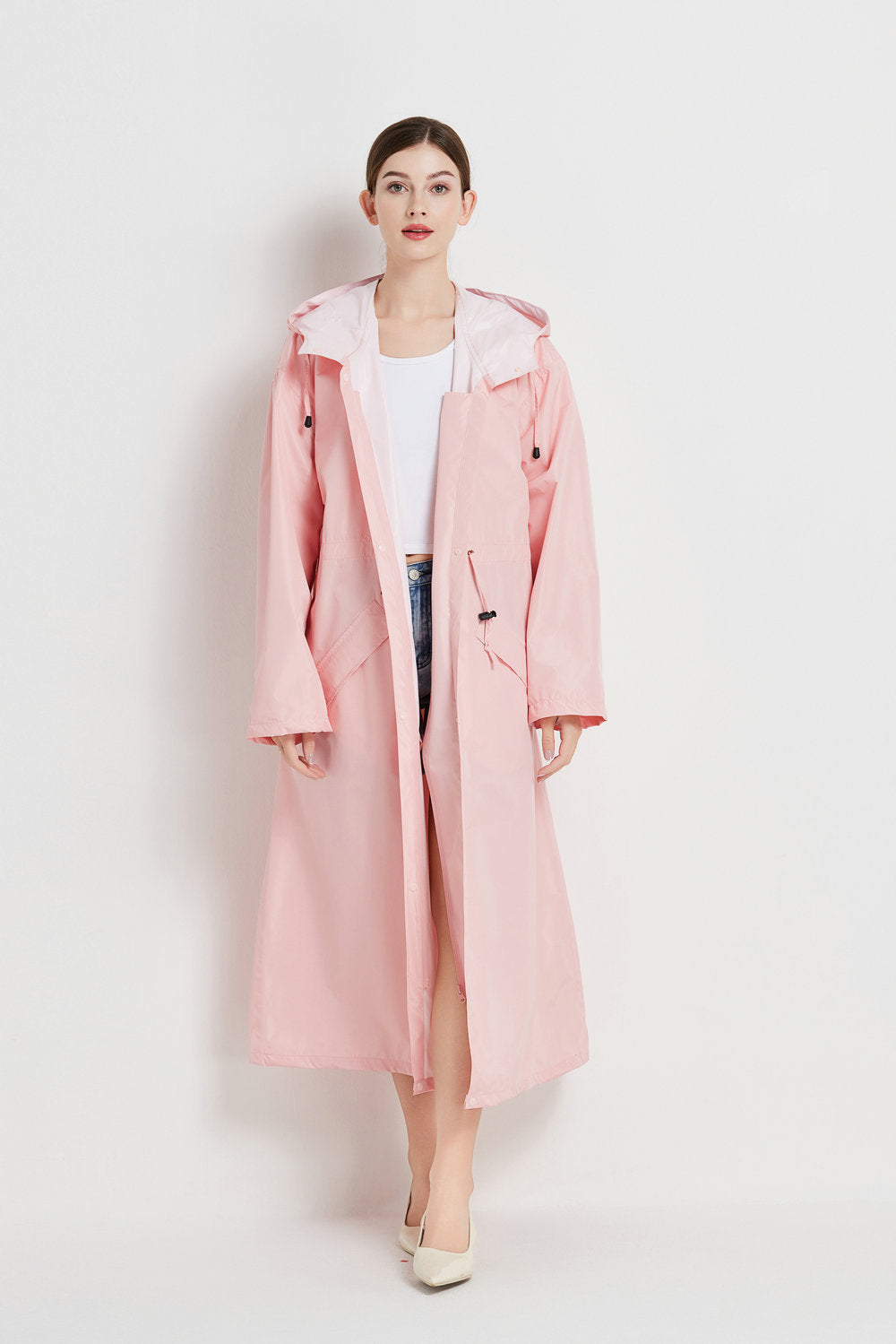 Size M Pink Women's Chic Lightweight Waterproof Raincoat - Long Hooded Packable Rain Jacket with Pouch