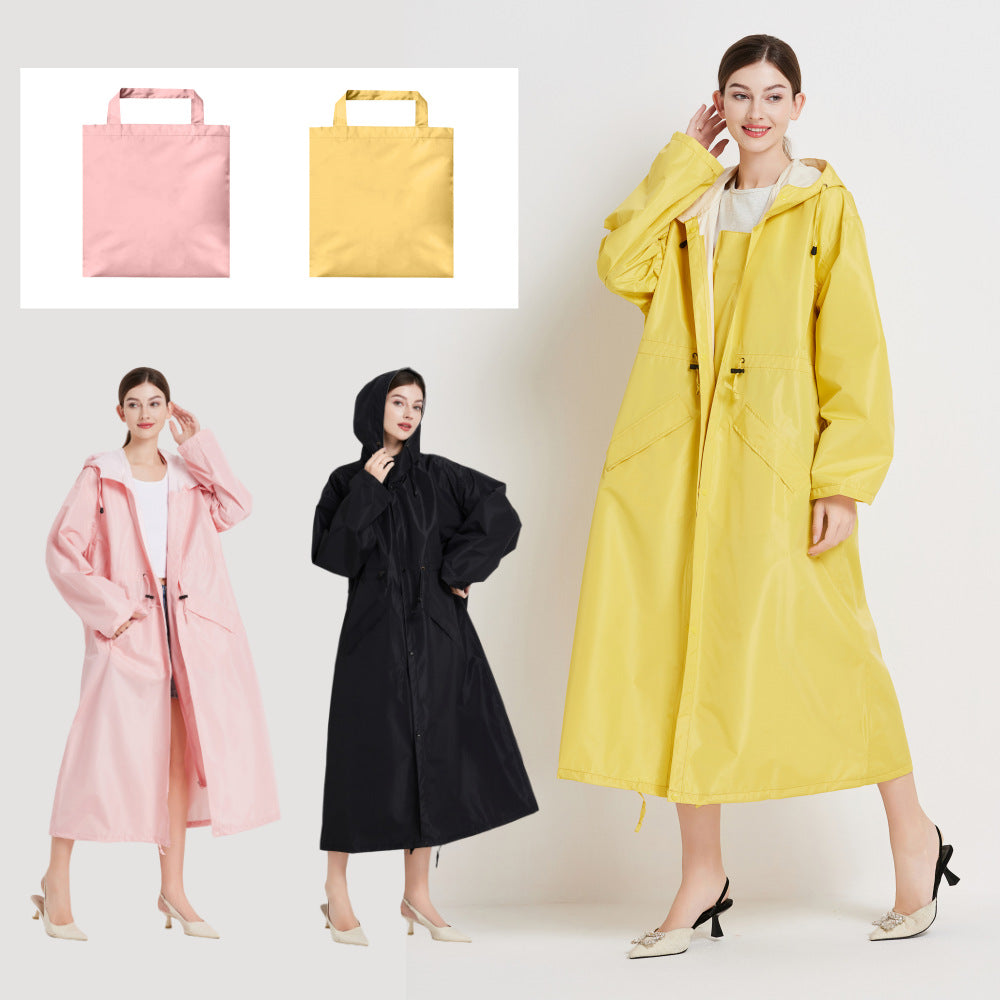 Size L Black Women's Chic Lightweight Waterproof Raincoat - Long Hooded Packable Rain Jacket with Pouch