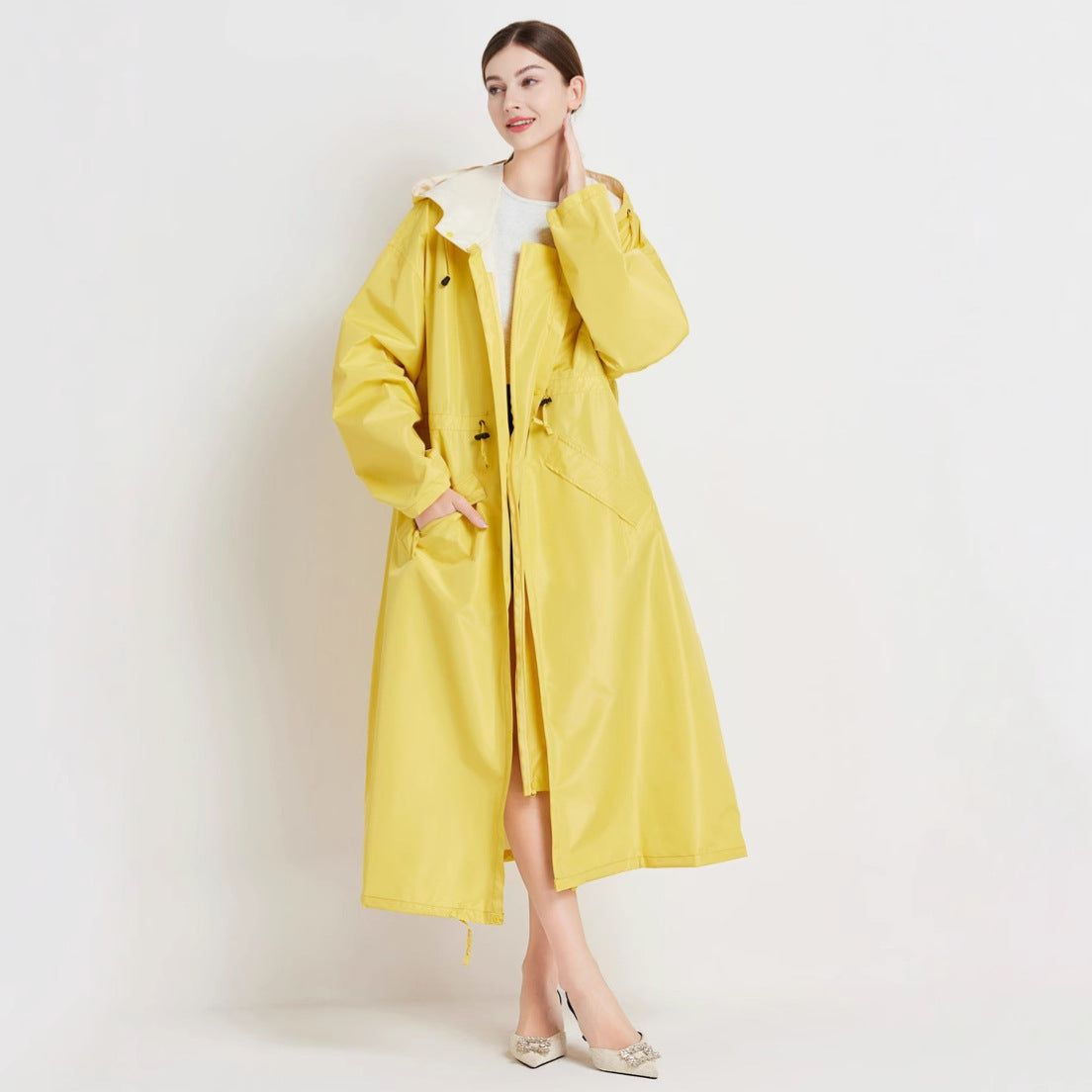 Size L Yellow Women's Chic Lightweight Waterproof Raincoat - Long Hooded Packable Rain Jacket with Pouch