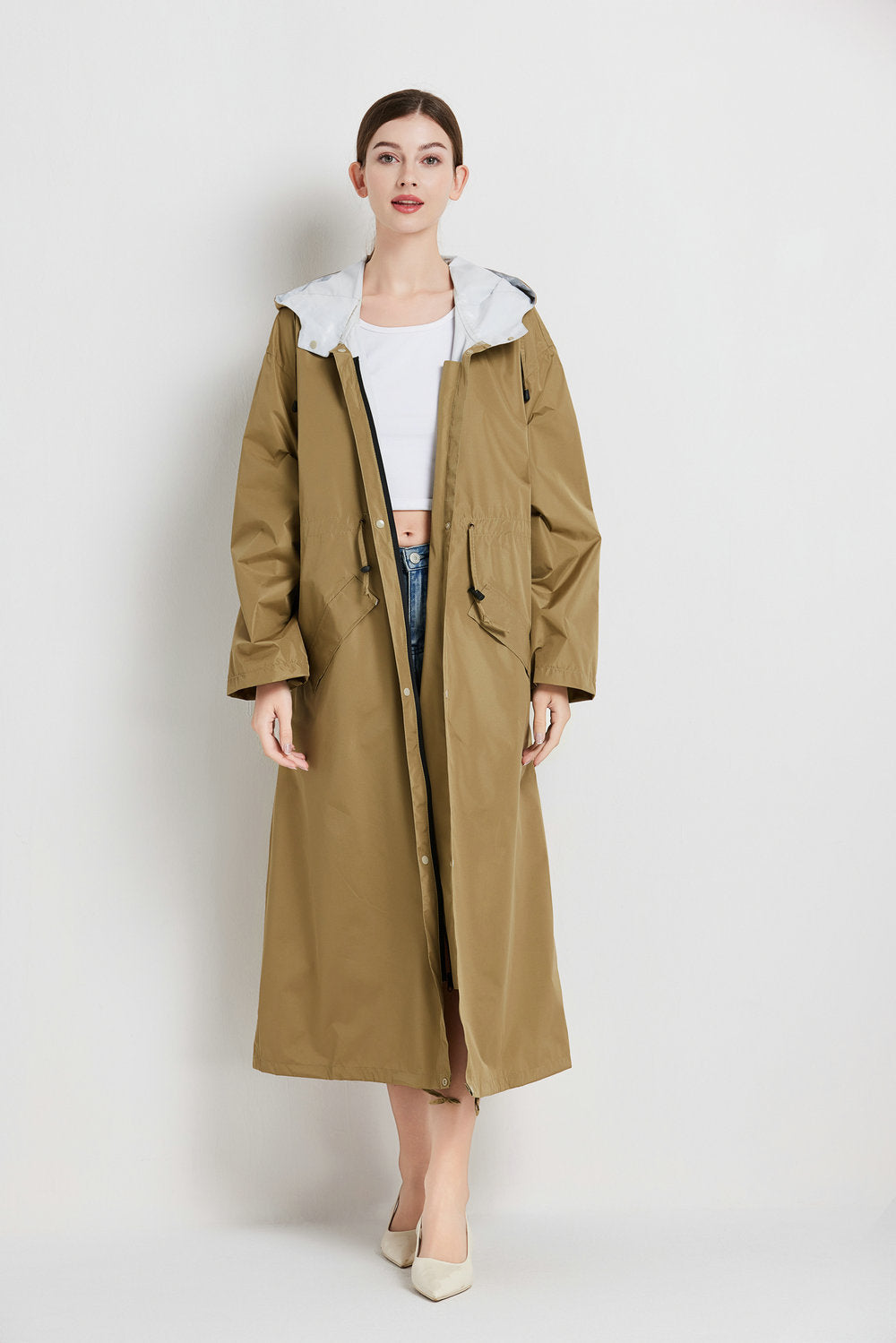 Size XL Brown Women's Chic Lightweight Waterproof Raincoat - Long Hooded Packable Rain Jacket with Pouch