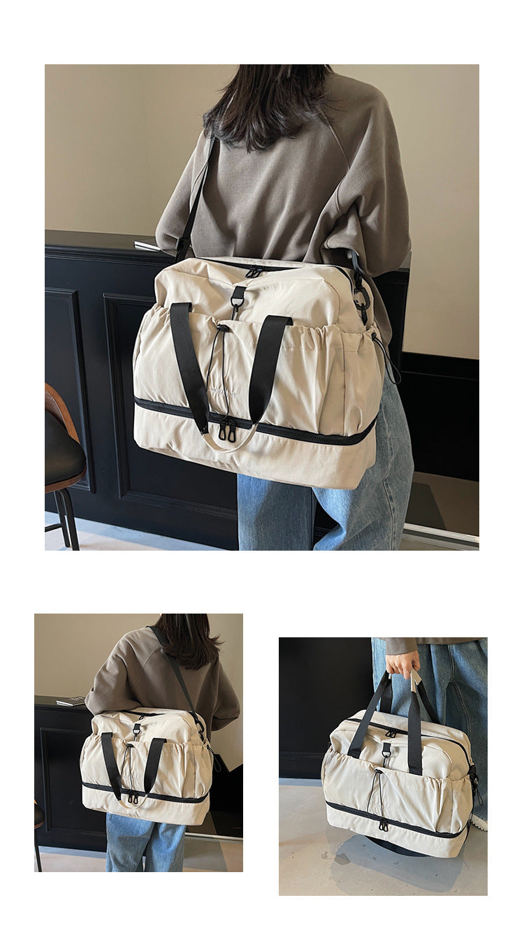 Black Large Capacity Travel Bag with Wet/Dry Separation - Canvas + Polyester, Lightweight Handbag for Short Trips and Fitness, Fits on Luggage