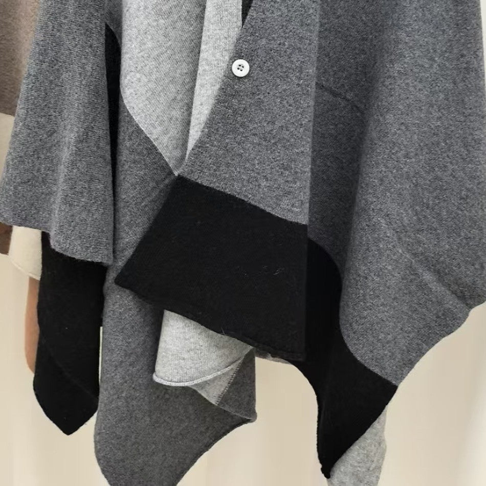 Grey Pure Wool Extra Large Shawl Scarf Color Block Multi-functional Warm Cashmere Cape Poncho
