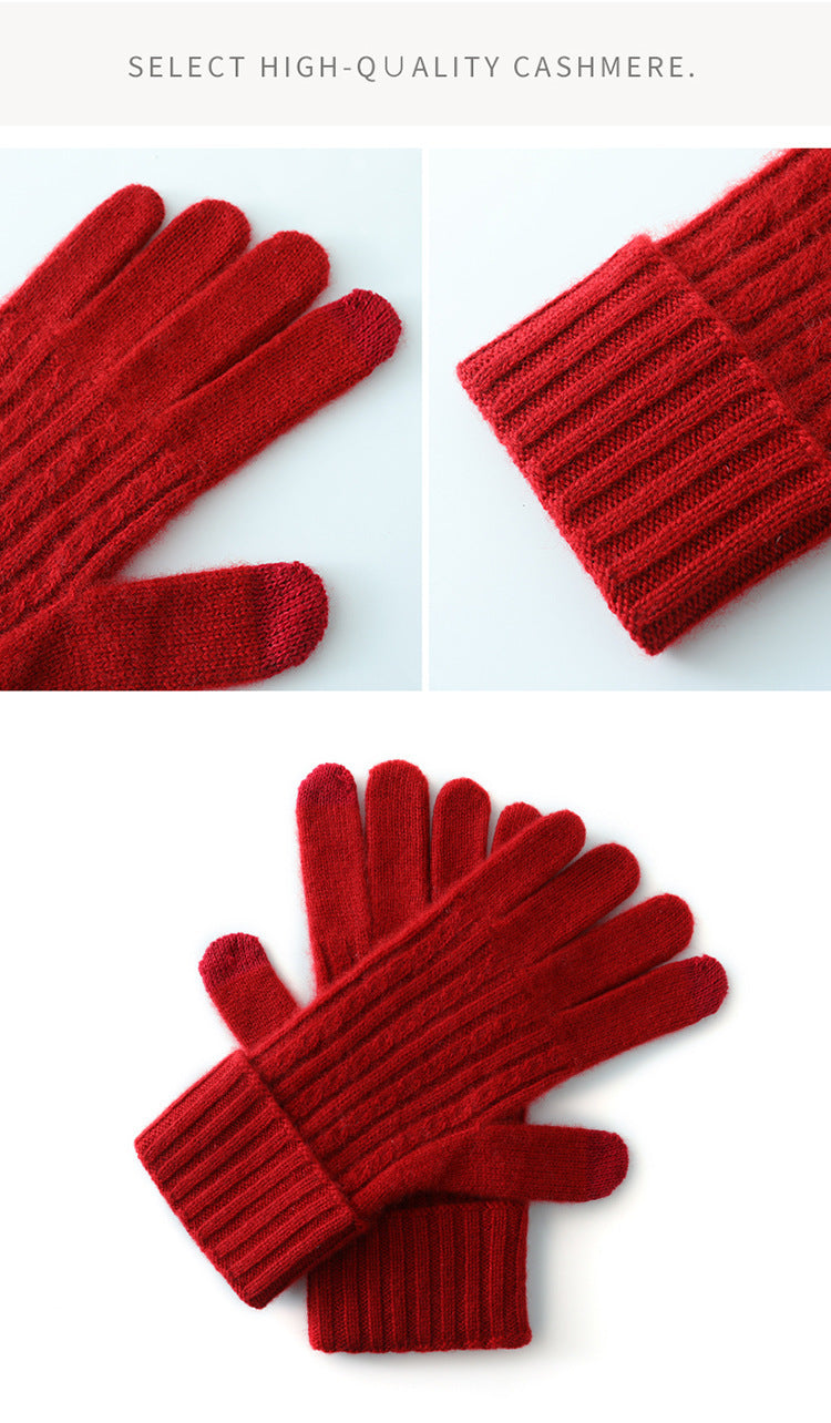 Red Unisex Touchscreen Ribbed Warm Cycling Windproof Knitted Five-finger Gloves